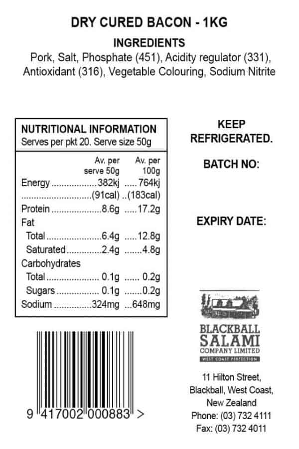 Dry Cured Bacon1kg ingredients Blackball Salami