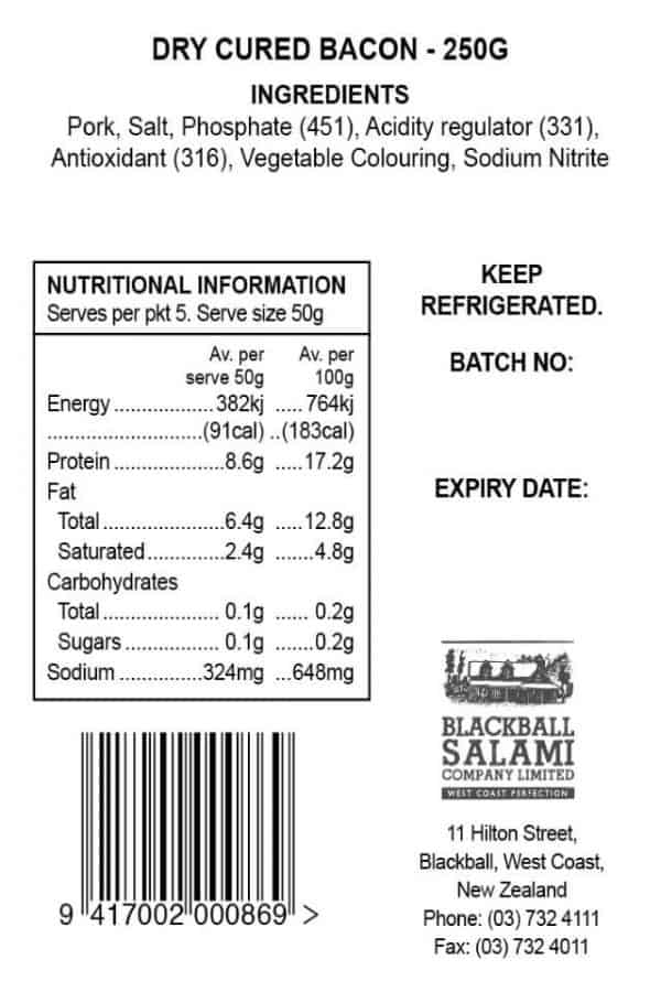 Dry Cured Bacon 250g ingredients Blackball Salami